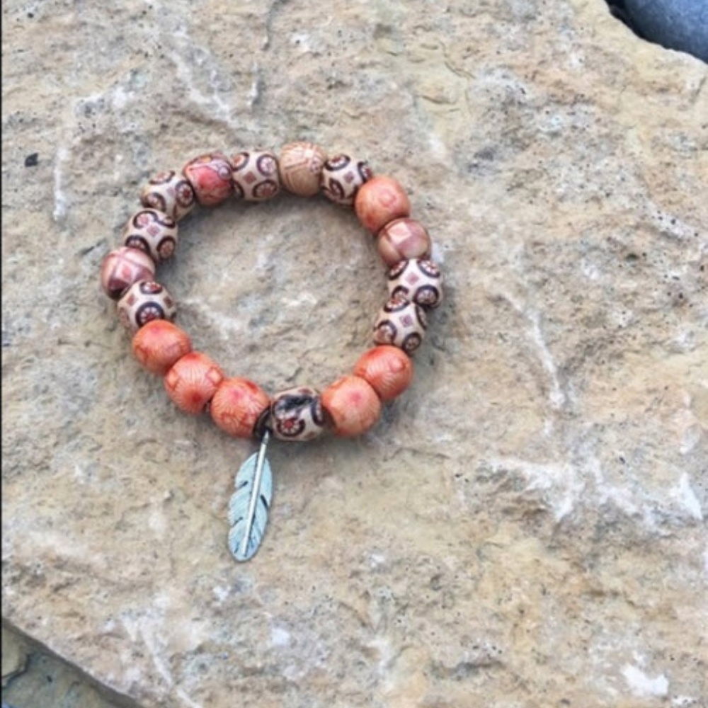 Painted Wood Boho Bracelet w/feather charm - Picture 3 of 3